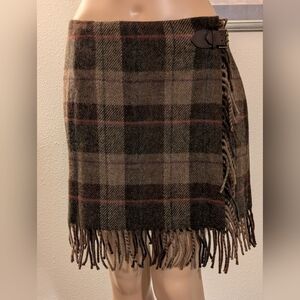NWT Ralph Lauren Aden Plaid Fringe Wrap Skirt, Alpaca, 6